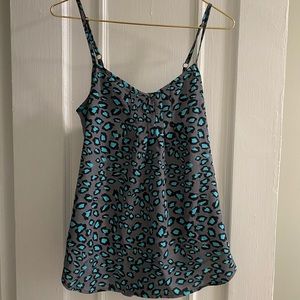 Black, gray, and turquoise cheetah blousy tank.